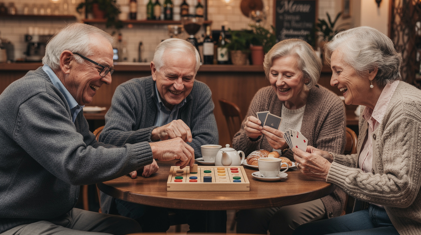 Seniors playing board games together at a table