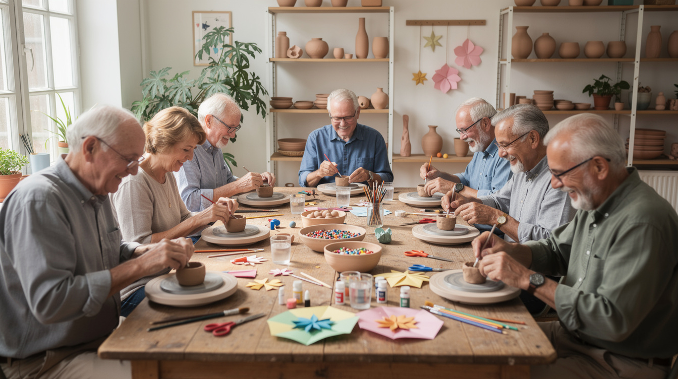 Seniors making handmade crafts together at a workshop table