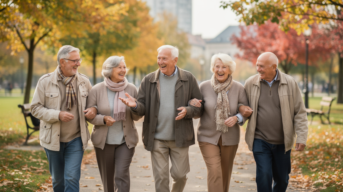Group of active Slovak seniors laughing together in a park